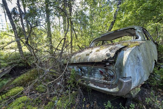 Ancient scrap car, Kyrk&ouml; Mosse car graveyard, Ryd, Tingsryd, Kronobergs l&auml;n, Sweden