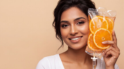 Cheerful South Asian Indian woman with clear IV vitamin drip saline bag filled with orange slices on beige backdrop. Hydration therapy, wellness, rejuvenation, revitalization