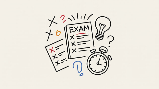 Hand-drawn doodle illustration of an exam paper with checklist stopwatch and lightbulb representing education and testing concepts