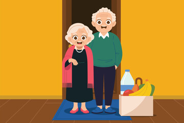 Smiling senior couple with groceries at front door vector illustration happy elderly woman and man receiving food delivery service from volunteer for social care programs community support and healthc