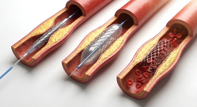 Angioplasty Procedure Showing Balloon Catheter and Stent Placement in Artery.