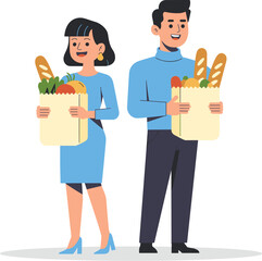 Happy young couple holding grocery bag with fresh food products vector illustration of healthy eating lifestyle and consumerism for advertisements marketing materials and social media posts about nutr