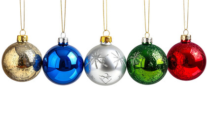 Five Christmas ornaments hanging, varied colors, shiny, gold strings, black background
