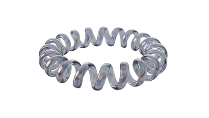 A mesmerizing circular spiral object with iridescent reflections on a solid black background isolated on transparent background