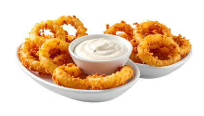 Golden, crispy onion rings served with creamy dipping sauce in white bowls, isolated