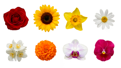 A beautiful collection of eight different colorful flowers isolated on a black background isolated on transparent background