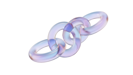 Three dimensional rendering of three translucent chain links with a pearlescent shimmer isolated on transparent background
