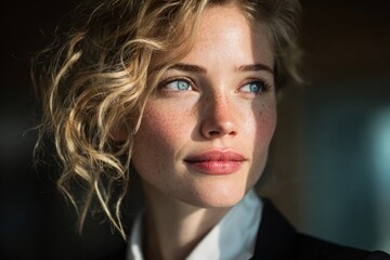 Young woman with blonde curly hair and blue eyes looking away in natural light