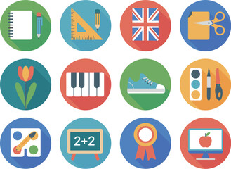 Flat design education illustration icons set depicting school supplies and educational resources for learning and academic success in classrooms and online courses representing knowledge and skill dev