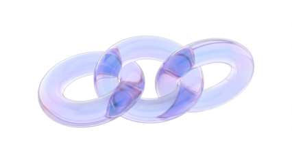Three connected translucent rings creating an abstract chain link design with purple highlights isolated on transparent background