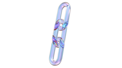 A stylized 3d render of two iridescent chain links with a holographic finish isolated on transparent background