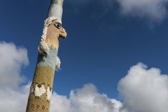 Knitting art or guerrilla knitting, lamppost, Bl&ouml;ndu&oacute;s, Nor&eth;urland, Iceland