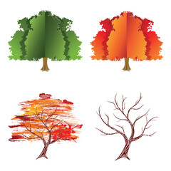 Paper tree set. Autumn garden. Collection of isolated, green, and orange trees.