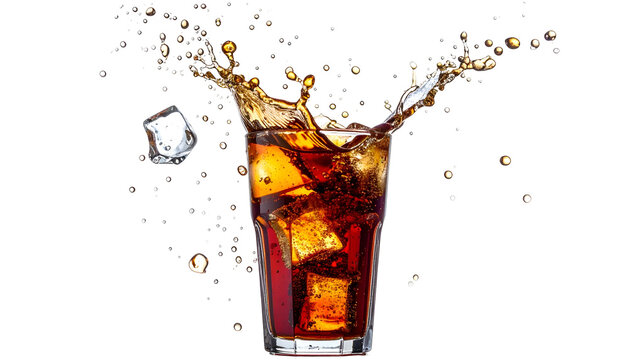 A glass of dark soda with ice cubes, exploding with liquid droplets