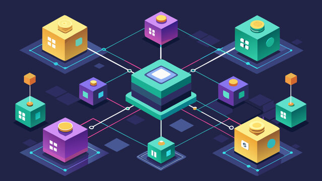 Isometric vector of interconnected digital nodes and cubes forming a decentralized network, glowing icons of exchange, lending, and yield farming.