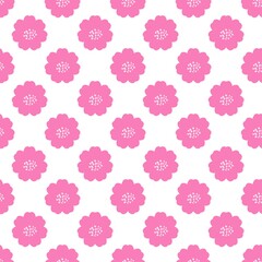 Seamless  pattern featuring pink cherry blossom flowers on a white background. Cute hand-drawn floral design, perfect for fabric, wrapping paper, wallpaper, and spring projects.