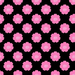 Seamless pattern of pink hand-drawn flowers with white pollen dots on a solid black background. Simple floral blossom illustration for textile, wallpaper, and minimalist surface design.