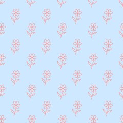 Seamless pattern with cute hand drawn pink flower line art on light blue background. Minimalist floral illustration for textile, wallpaper, wrapping paper, and scrapbooking.