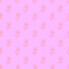 Seamless floral pattern with pink line art flowers on a vibrant purple background. Minimalist hand-drawn design for textile, wallpaper, and crafts.