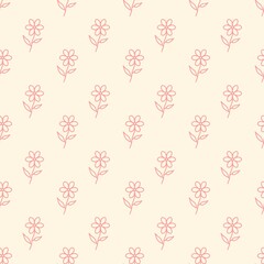 Seamless floral pattern with pink line art flowers on a cream background. Minimalist aesthetic for wallpaper, fabric design, and cute stationery.