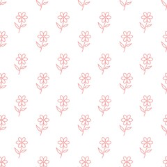 Pink line art flower seamless pattern on white background. Minimalist floral doodle ornament for wallpaper, fabric, wrapping paper, and textile design. Simple cute botanical  illustration.