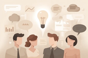 Illustration of people brainstorming with speech bubbles and a glowing lightbulb