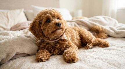 Small cute brown maltipoo puppy lying on messy bed with white blankets and pillows in bright bedroom. Adorable fluffy pet resting at home. Domestic animal, cozy lifestyle and interior concept.