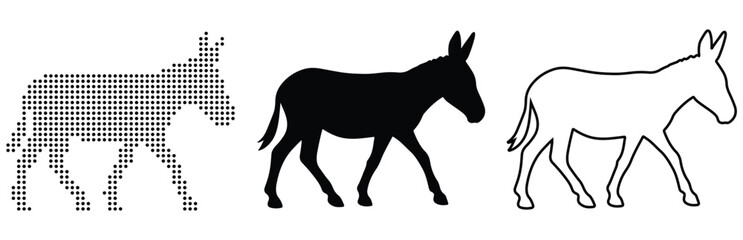 Obraz premium Three distinct donkey illustrations showing pixelated, silhouette, and outline styles