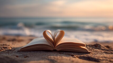 Open book on sandy beach, pages shaped into a heart, soft focus ocean background at sunset