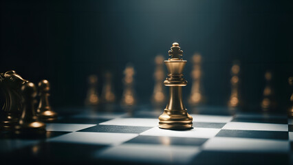 Strategic chess game with golden king in focus, cinematic lighting on checkered board for business competition concept