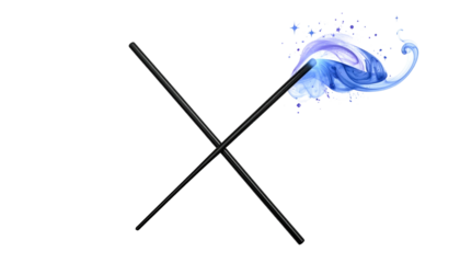 Two crossed wands conjure a plume of blue, wispy smoke against a stark black void