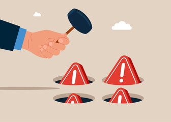 Hand holding hammer hitting the exclamation marks in a mole hole. Playing hamster game. Flat vector illustration