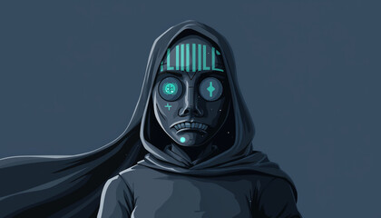 Mysterious hooded figure with futuristic cybernetic enhancements
