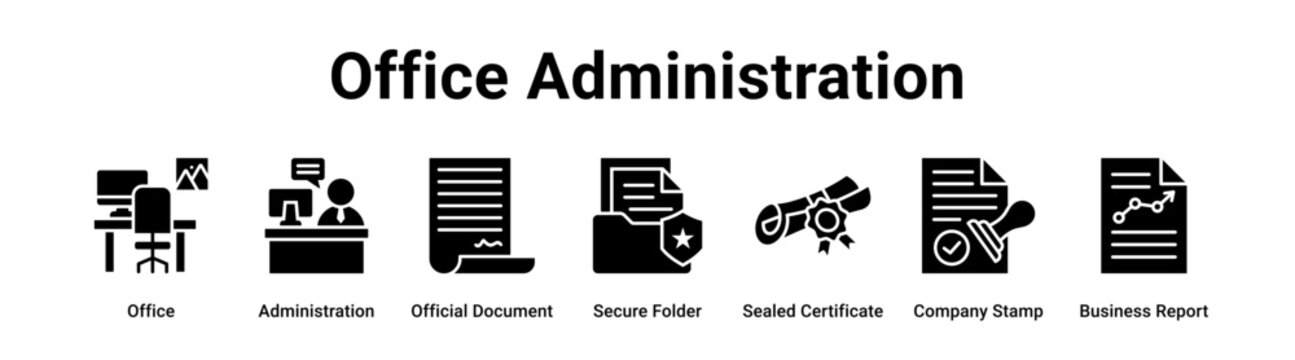 Office Administration web banner icon vector illustration concept for business with icon of Office, Administration, Official Document, Secure Folder, Sealed Certificate, Company Stamp.