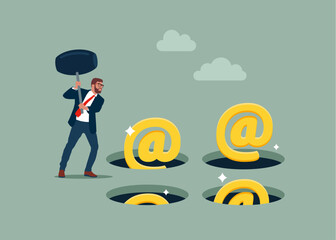 Businessman holding hammer hitting the at sign icons in a mole hole. Playing hamster game. Cyber security and phishing concept. Flat vector illustration