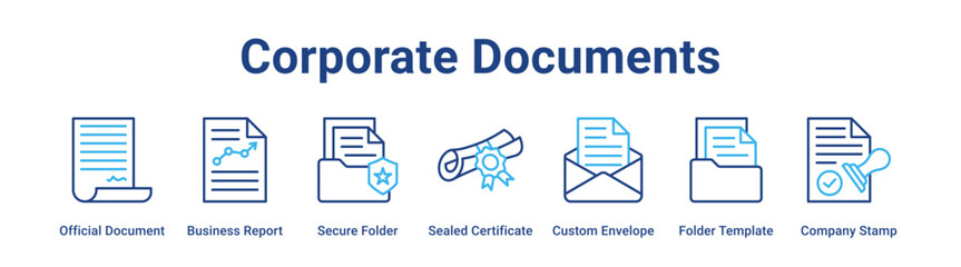 Corporate Documents web banner icon vector illustration concept for business with icon of Official Document, Business Report, Secure Folder, Sealed Certificate, Custom Envelope, Folder Template.