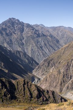 Koshoy Ata mountain pass, serpentine road through mountains, Kyrgyzstan