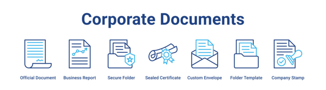 Corporate Documents web banner icon vector illustration concept for business with icon of Official Document, Business Report, Secure Folder, Sealed Certificate, Custom Envelope, Folder Template.