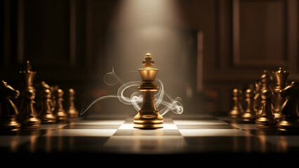 Golden chess king standing victorious on board with smoke effect, concept of leadership and strategy
