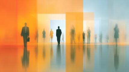 Fototapeta premium Silhouettes of Business People Walking Through Abstract Colorful Spaces with Foggy Perspectives, Symbolizing Modern Office Environment and Workforce Dynamics