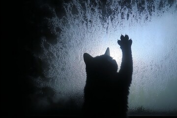 Eerie cat silhouette with raised paw behind frosted glass in a dark haunted house setting