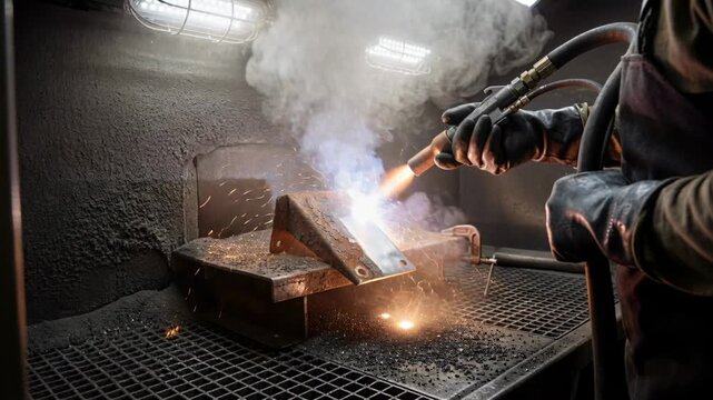 Industrial worker using thermal spray coating equipment on metal component in workshop with sparks and protective safety gear