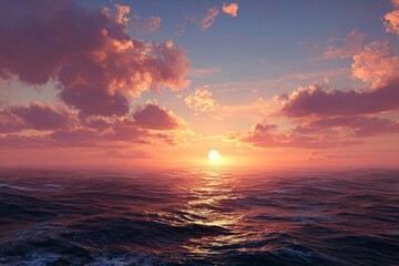 The sun sets over a tranquil sea, painting the sky with fiery, diffused colors