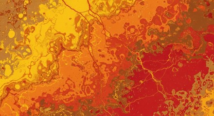 A vibrant, abstract painting with a mix of warm and cool colors, featuring a blend of red, orange, and yellow hues.