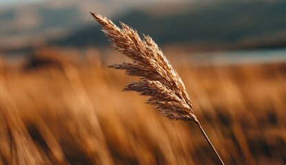 A close-up of a dry, fluffy plant head against a blurred, golden-toned landscape