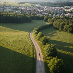 Drone morning view of lone runner on winding country road between green fields and forest edge, healthy lifestyle endurance training, rural landscape near small town, sunlight, long shadows, outdoors