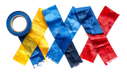 Colorful ribbons, each a different hue, arranged in a X pattern, with a roll of tape