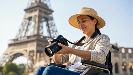 smiling caucasian woman in wheelchair holding camera against eiffel tower background. disabled tourist enjoying european vacation. accessible trip concept. tourism blog, travel agency.