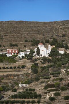 Greek Orthodox Church of Agia Paraskevi in the mountains near Ermoupoli, Syros, Cyclades, Greece