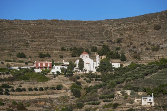 Greek Orthodox Church of Agia Paraskevi in the mountains near Ermoupoli, Syros, Cyclades, Greece
